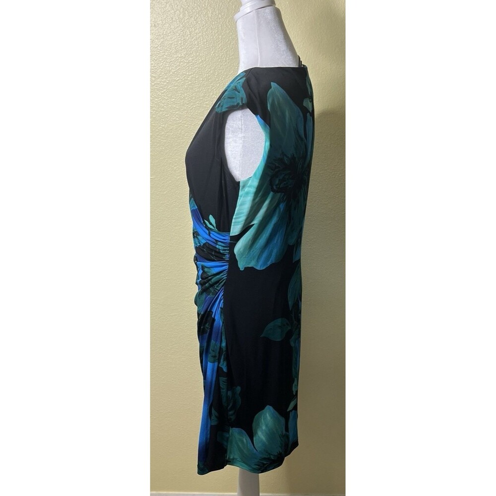 RN Studio Ronni Nicole Black Blue Green Floral Faux Wrap Ruched Keyhole Sz 10P - Picture 3 of 8